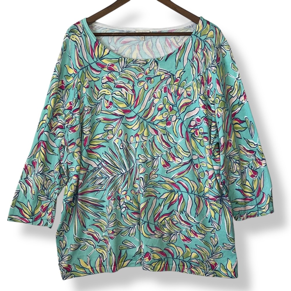 Talbots‎ Plus 3X Teal Pink Tropical Palm Leaf 100% Cotton Knit Top Boat Neck